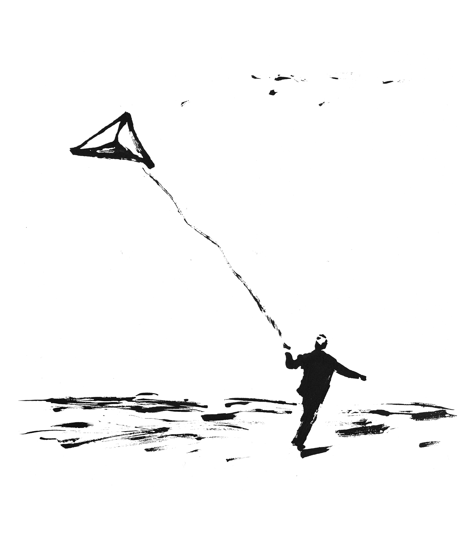 Black ink illustration of a person flying a kite